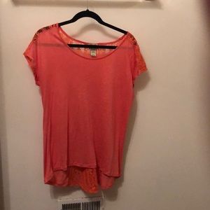 Salmon lace back crop sleeve with scoop neck front